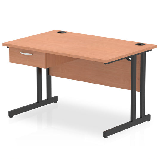 Impulse Cantilever Straight Desk Black Frame With Single One Drawer Fixed Pedestal - Ergometric