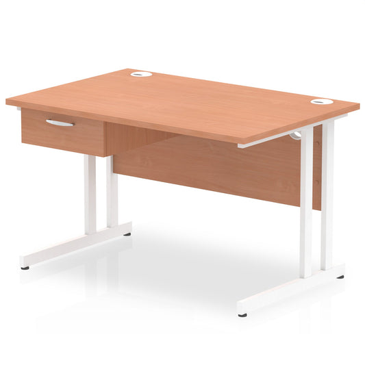 Impulse Cantilever Straight Desk White Frame With Single One Drawer Fixed Pedestal - Ergometric